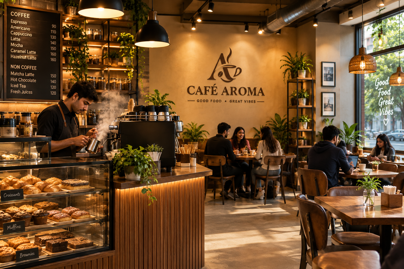 Café Aroma lively coffee bar with barista steaming milk and customers relaxing