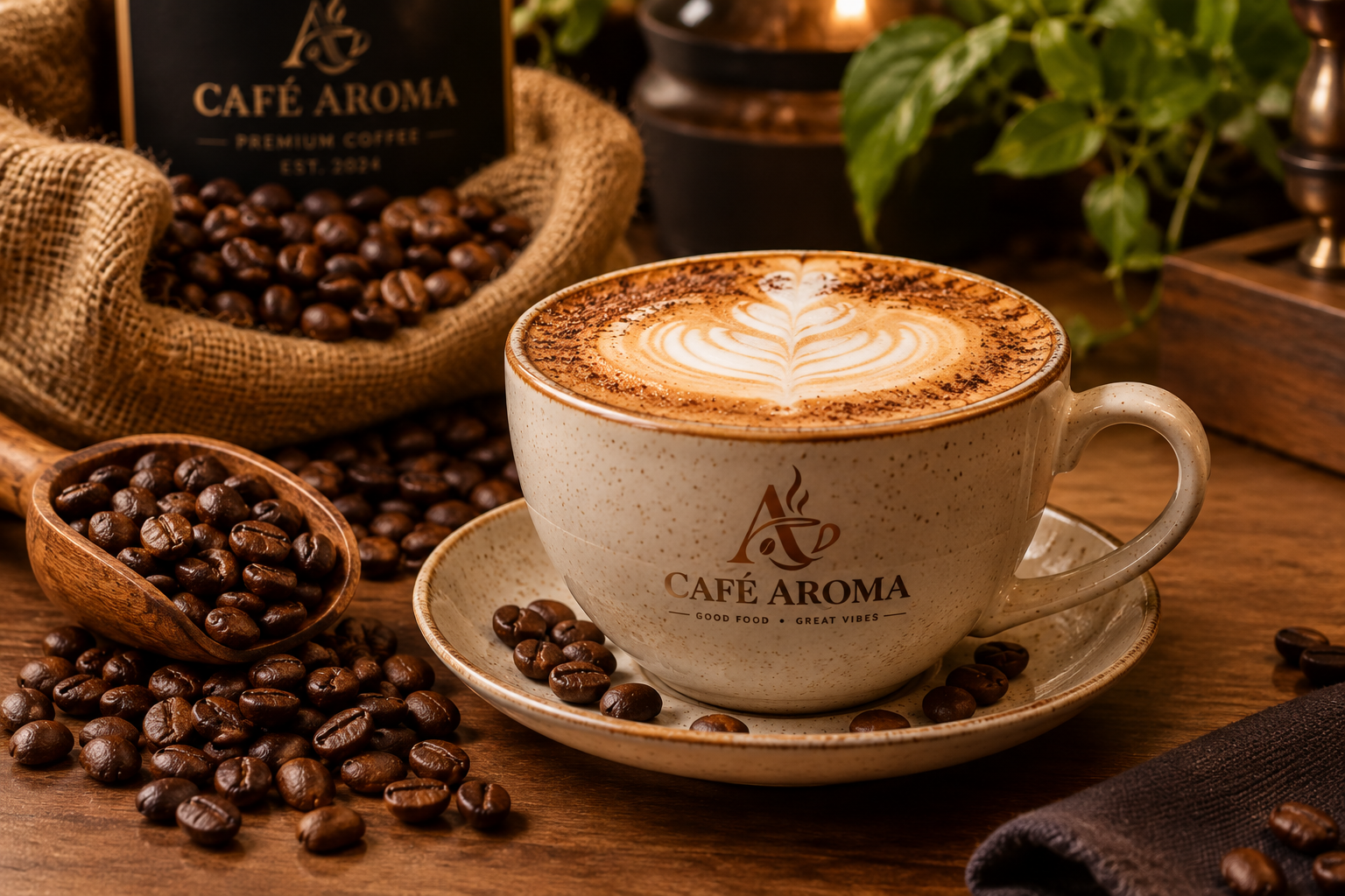 Artisanal Velvet Cappuccino in ceramic cup with delicate latte art and freshly roasted coffee beans