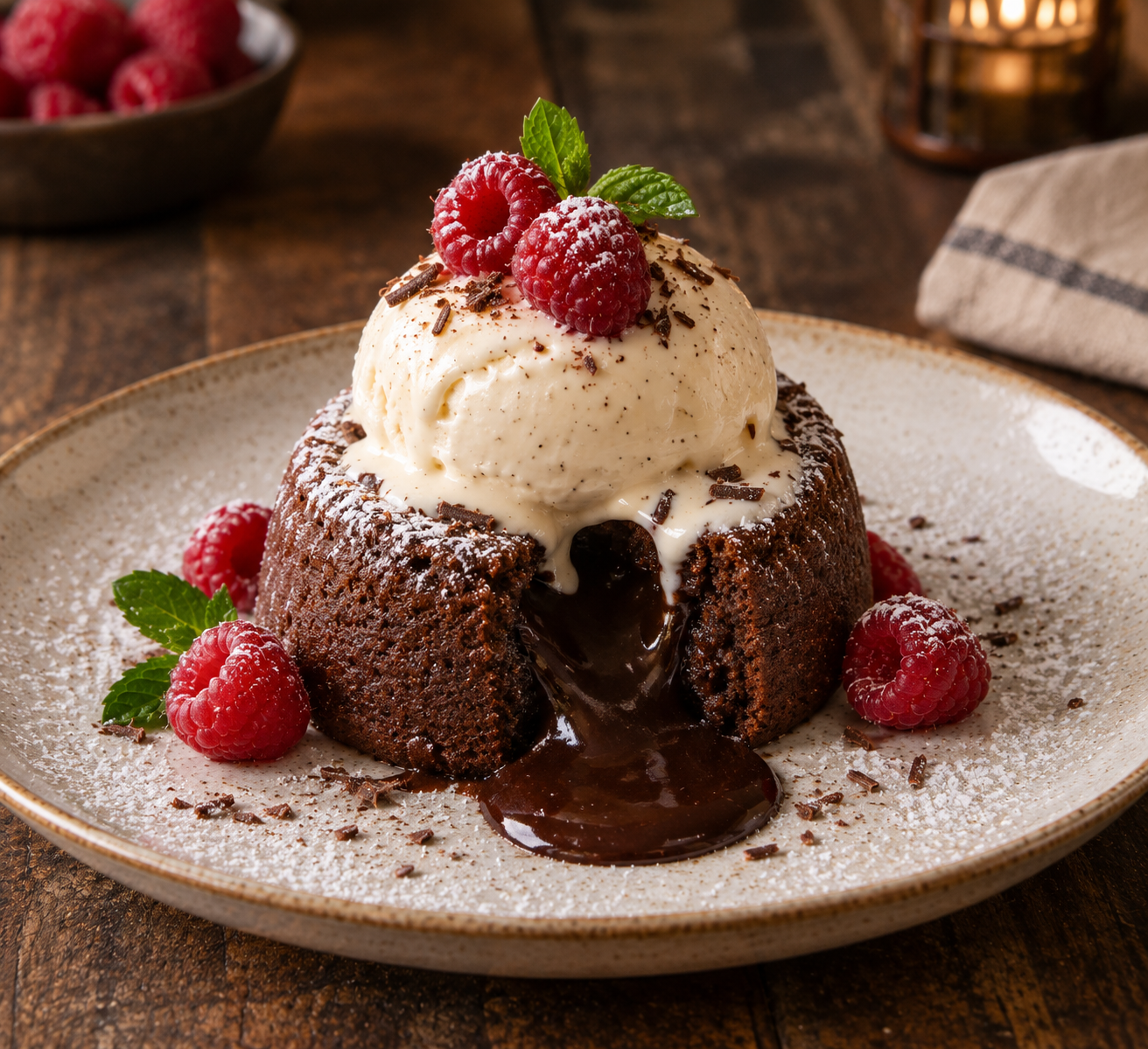 Warm chocolate lava cake with flowing center topped with vanilla bean gelato and raspberries