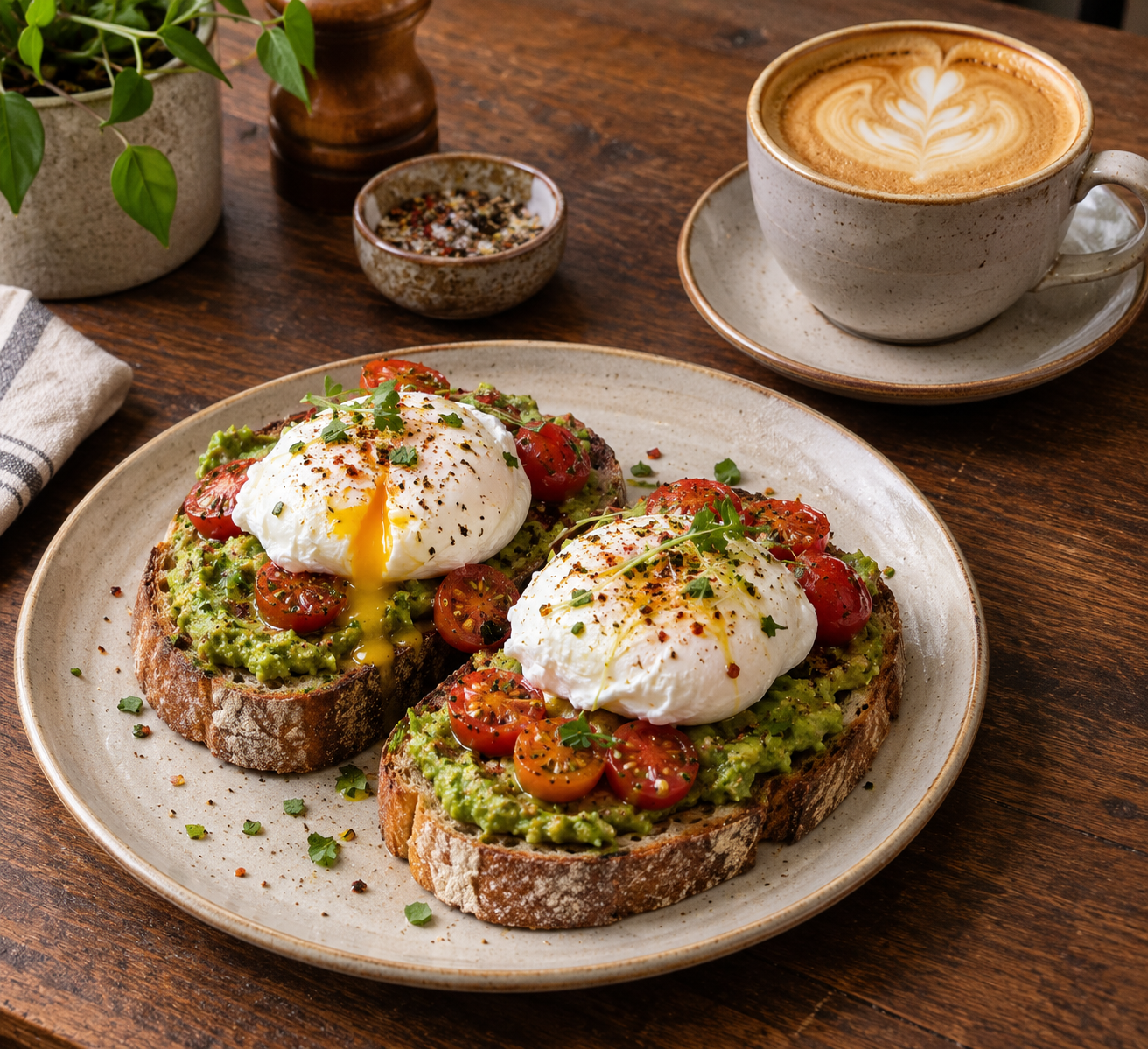Two poached eggs on artisanal sourdough avocado toast with cherry tomatoes and coffee