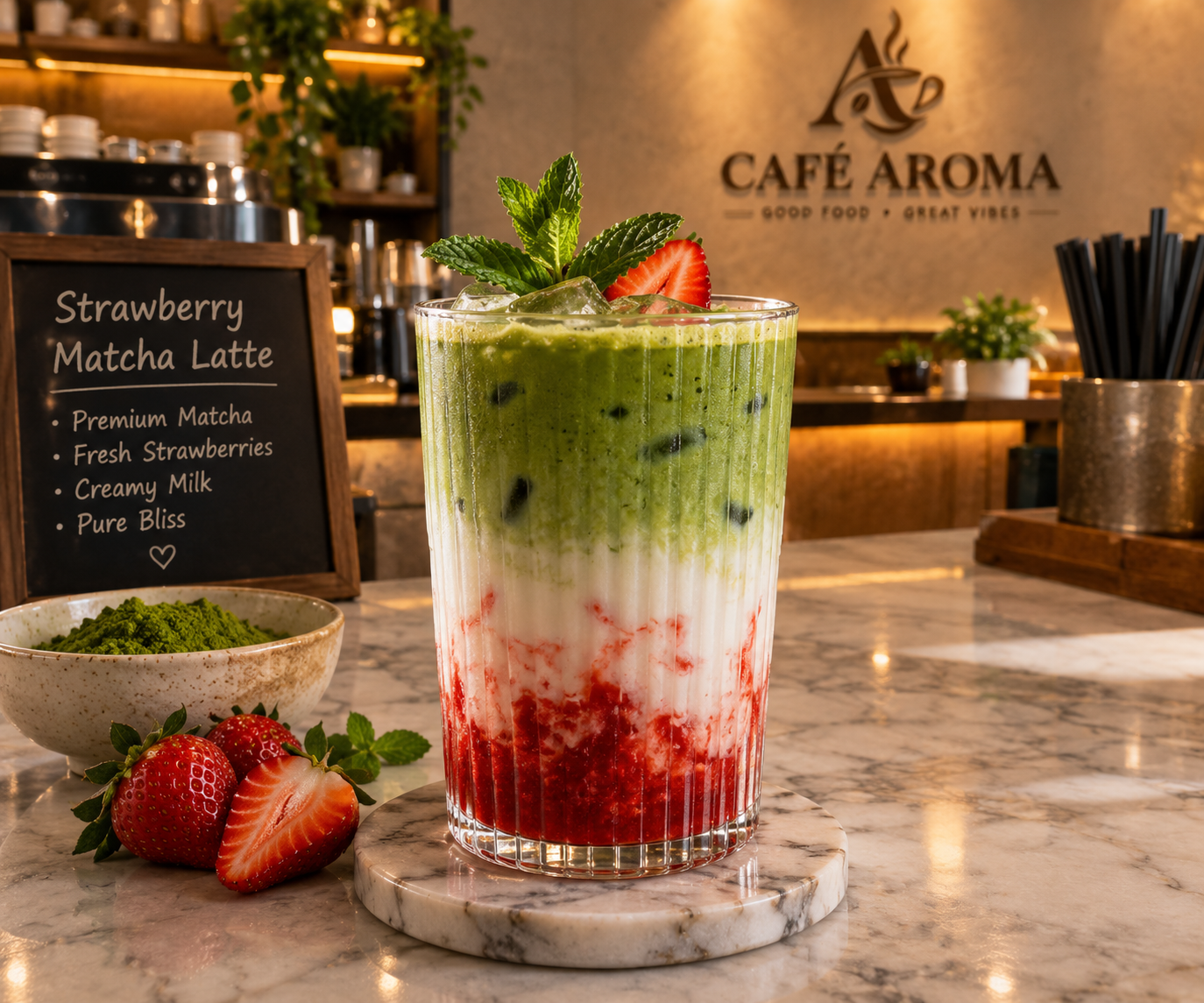 Layered Strawberry Matcha Latte in ribbed glass on marble counter with fresh mint garnish
