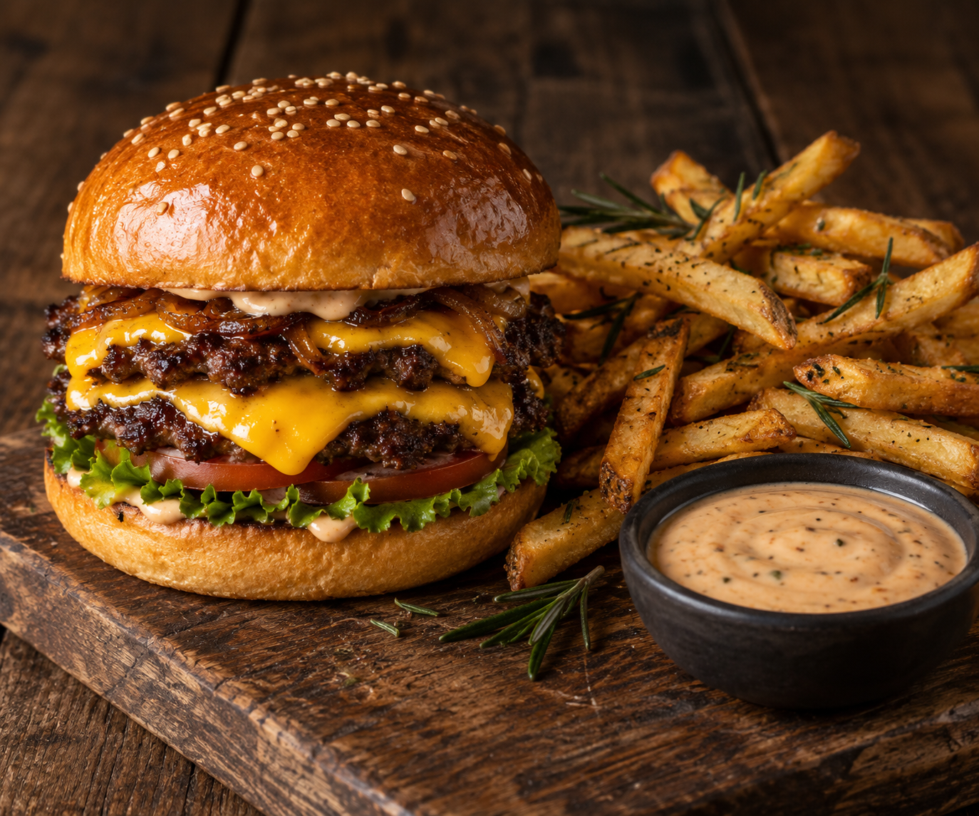 Gourmet double smash cheeseburger with rosemary french fries and dipping sauce on rustic wood