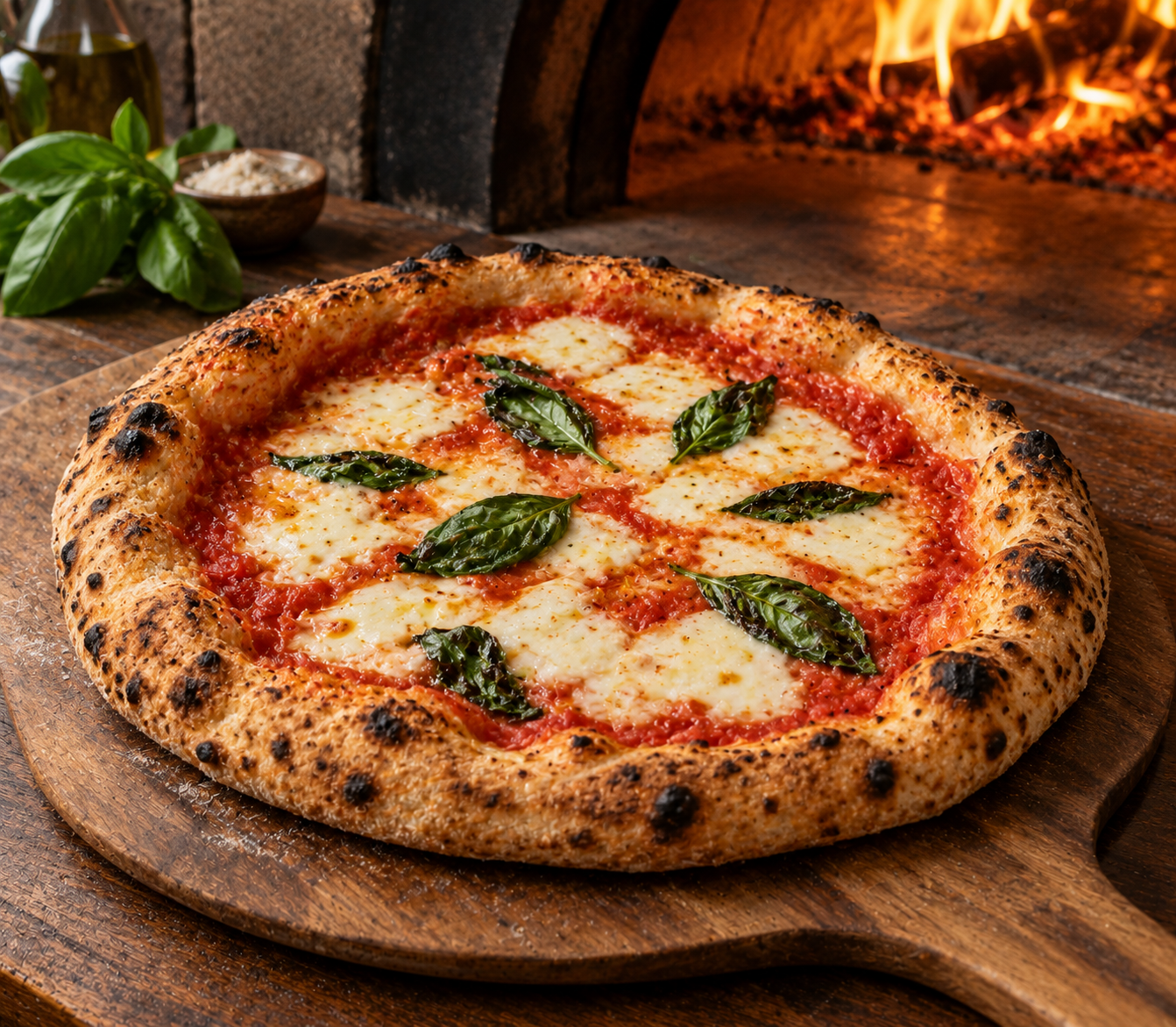 Fresh blistered woodfired Neapolitan Margherita pizza with basil on wooden peel